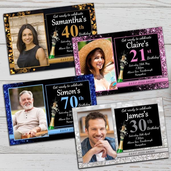 10 Personalised Birthday Party Photo Invitations N239 Gold, Pink, Blue, Silver