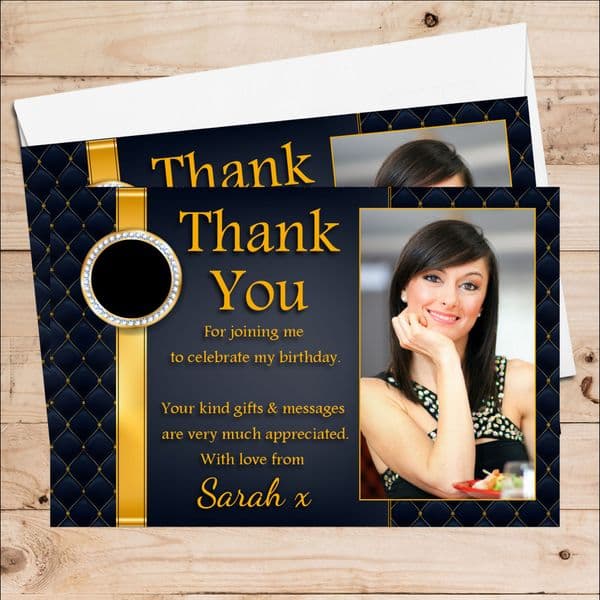 10 Personalised Birthday Party Thank you PHOTO Cards N253 Black & Gold Quilt