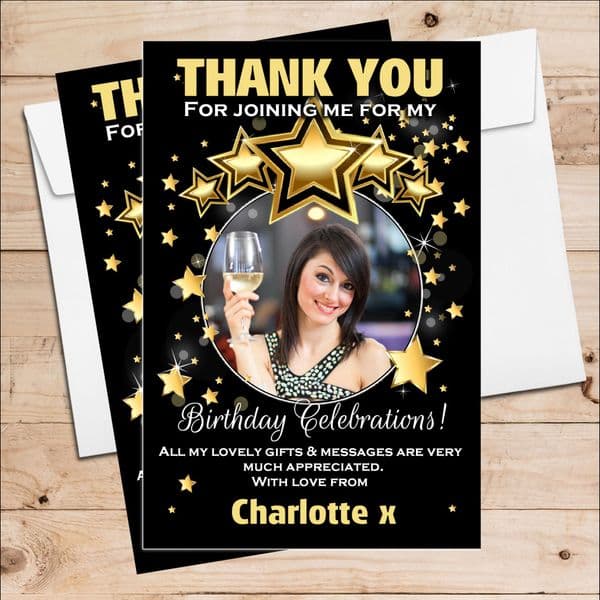 10 Personalised Birthday Party Thank you PHOTO Cards N256 Black & Gold Stars
