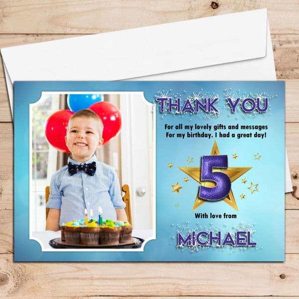 10 Personalised Birthday Thank you PHOTO Cards N247 Boys Blue Star Sparkle