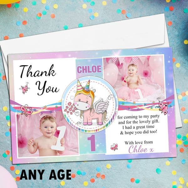 10 Personalised Birthday Thank you PHOTO Cards N265 Rainbow Unicorn