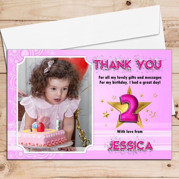 10 Personalised Birthday Thank you PHOTO Cards N54 Girls Pink Star Sparkle