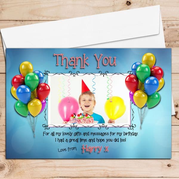 10 Personalised Birthday Thank you PHOTO Cards N65 Boys Blue Bokeh
