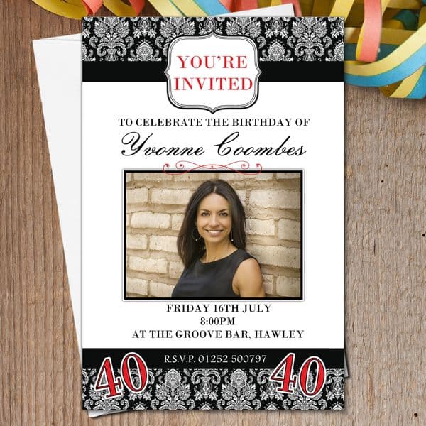 10 Personalised Black Floral Birthday Party PHOTO Invitations N173