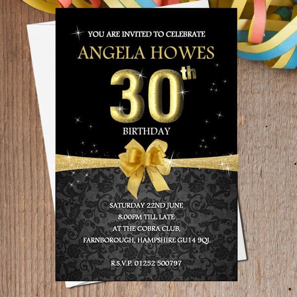 10 Personalised Black & Gold Birthday Party Invitations N193