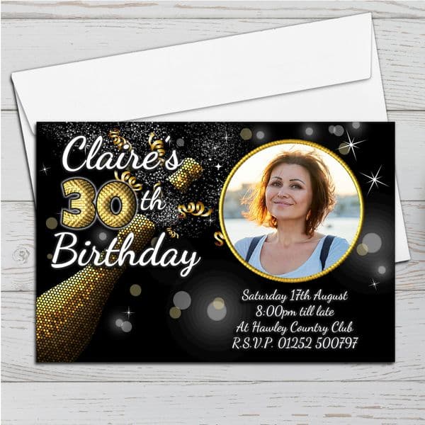 10 Personalised Black & Gold Birthday Party Invitations N208 - Any age