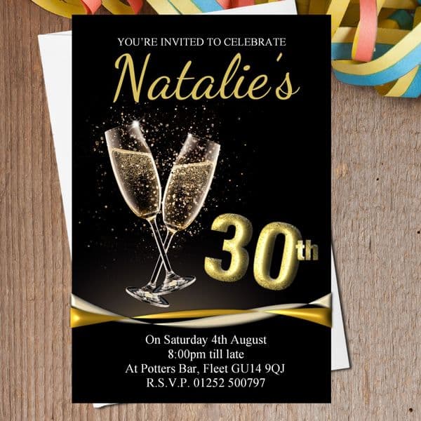10 Personalised Black & Gold Champagne Birthday Party Invitations N196 - Any age