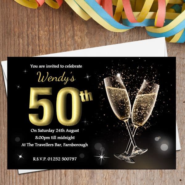 10 Personalised Black & Gold Champagne Birthday Party Invitations N197 - Any age