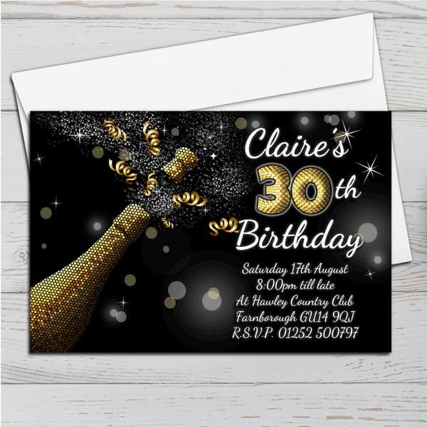 10 Personalised Black & Gold Champagne Burst Birthday Party Invitations N209 - Any age
