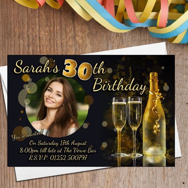 10 Personalised Black & Gold Glitter Birthday Party Invitations N206 - Any age