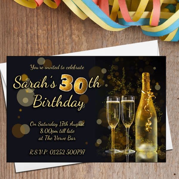 10 Personalised Black & Gold Glitter Birthday Party Invitations N207 - Any age