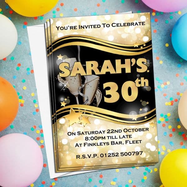 10 Personalised Black & Gold Sparkle Birthday Party Invitations N200