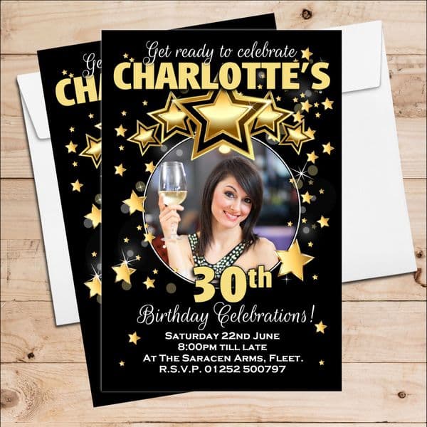 10 Personalised Black & Gold Stars Birthday Party Photo Invitations N222 - Any age