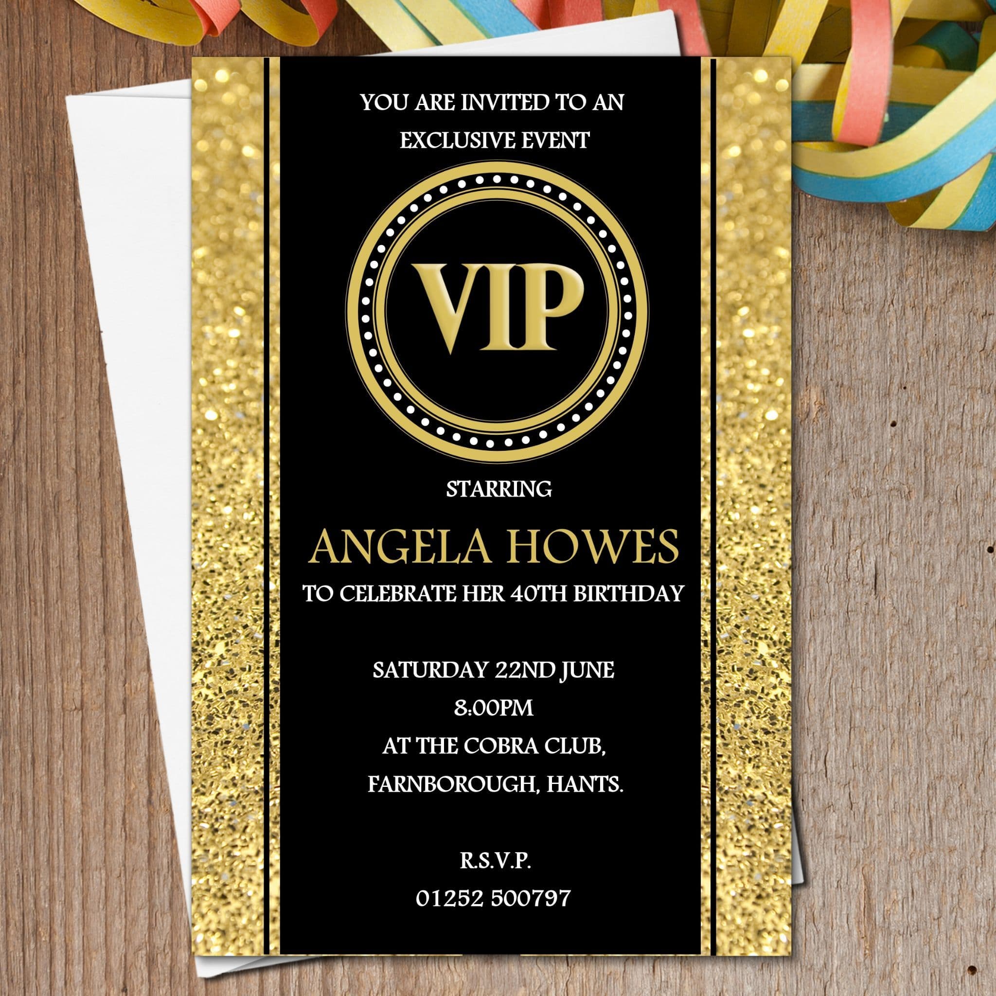 10 Personalised Black & Gold VIP Birthday Party Invitations N190 - Any age