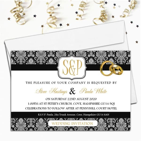 10 Personalised Black & Gold Wedding Invitations Day/Evening N64
