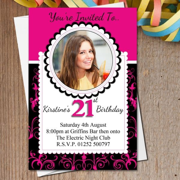 10 Personalised Black & Pink Birthday Party PHOTO Invitations N187
