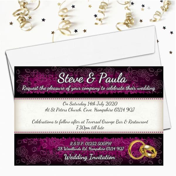 10 Personalised Black & Purple Floral Wedding Invitations Day / Evening N65