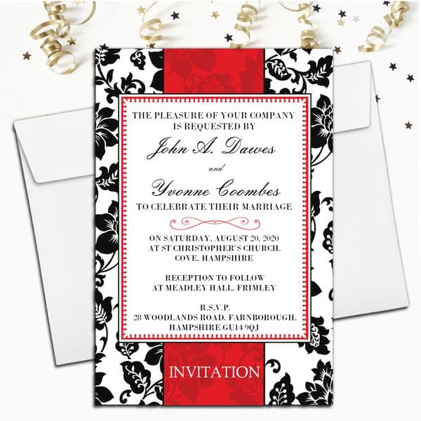 10 Personalised Black & Red Floral Wedding Invitations Day/Evening N60