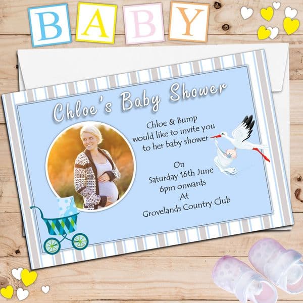 10 Personalised Blue Boy Baby Shower PHOTO Party Invitations N6