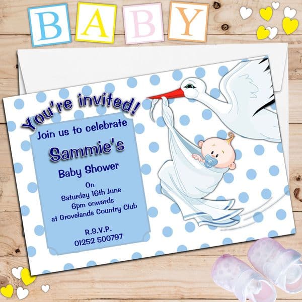 10 Personalised Blue Boy Stork Baby Shower Invitations N15