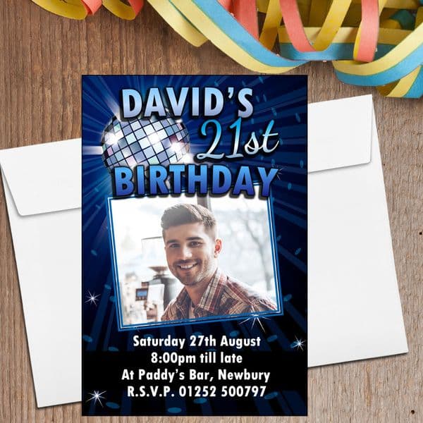 10 Personalised Blue Disco Glitz Birthday Party PHOTO Invitations N210