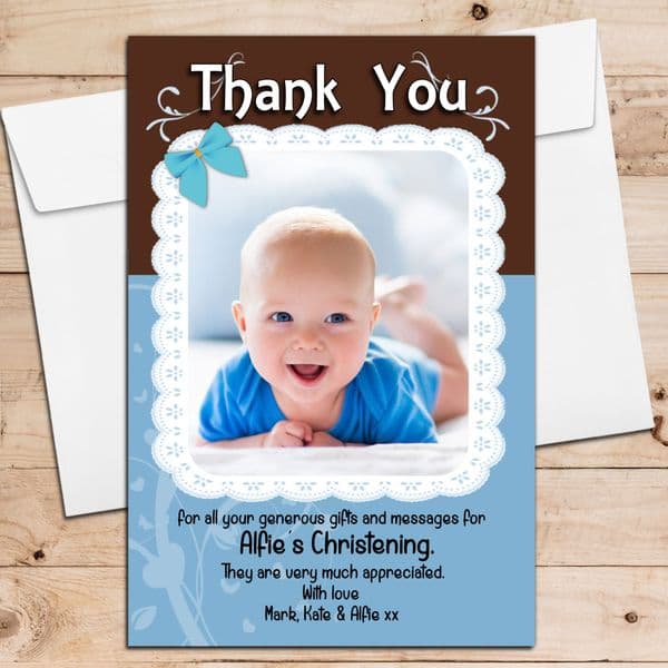 10 Personalised Blue Lace Birthday Christening New Baby Thank you PHOTO Cards N198