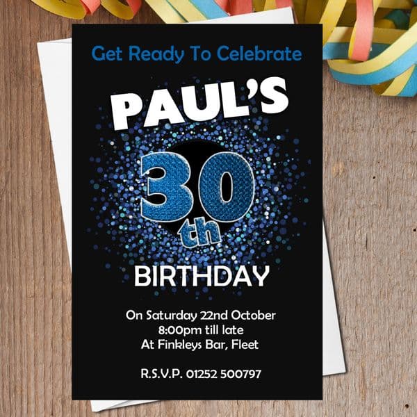 10 Personalised Blue Sparkle Birthday Party Invitations N201