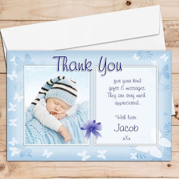10 Personalised Blue Thank you PHOTO Cards N135 - Birthday, Christening, New Baby etc