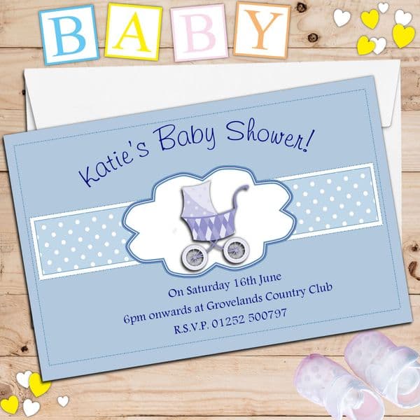 10 Personalised Boy Blue Baby Shower Invitations N16