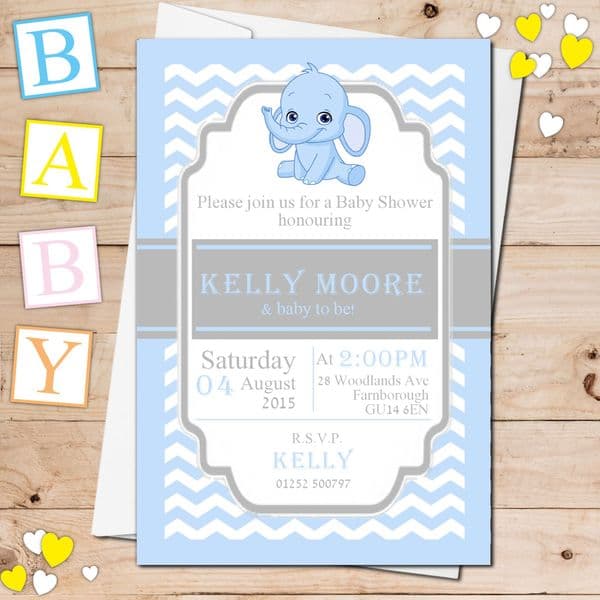10 Personalised Boy Blue Elephant Baby Shower Invitations N18