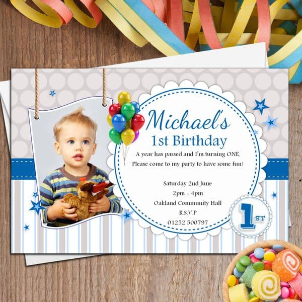 10 Personalised Boys 1st First Birthday Party PHOTO Invitations N35