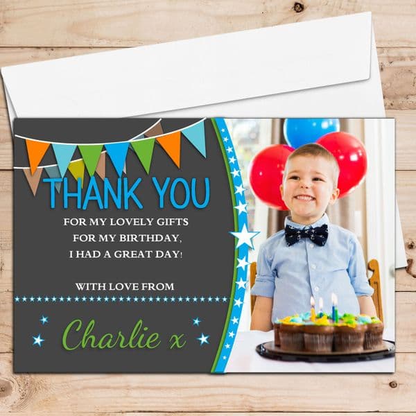 10 Personalised Boys Birthday Thank you PHOTO Cards N246 - Stars & Bunting Style