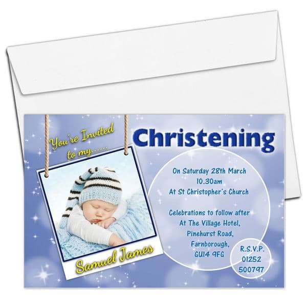 10 Personalised Boys Blue Sparkle Christening Baptism PHOTO Invitations N112