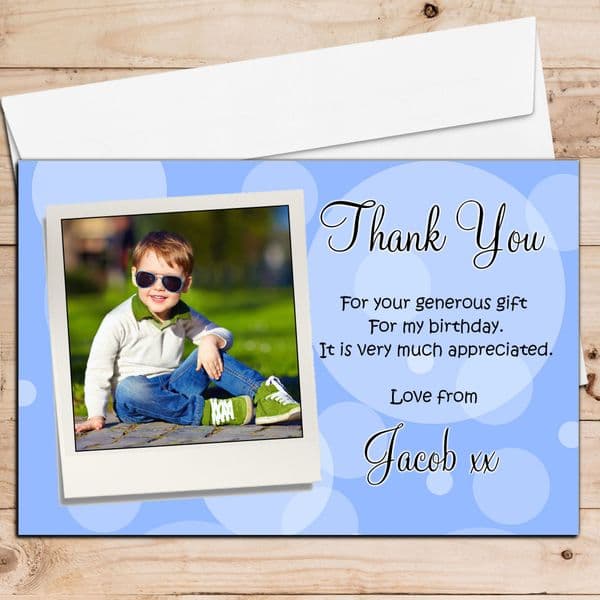 10 Personalised Boys Blue Spot Birthday Thank you PHOTO Cards N97