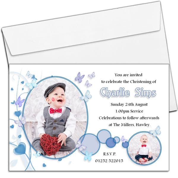 10 Personalised Boys Butterfly Christening Baptism PHOTO Invitations N103