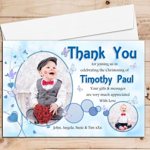 10 Personalised Boys Butterfly Christening / Baptism Thank you PHOTO Cards N220