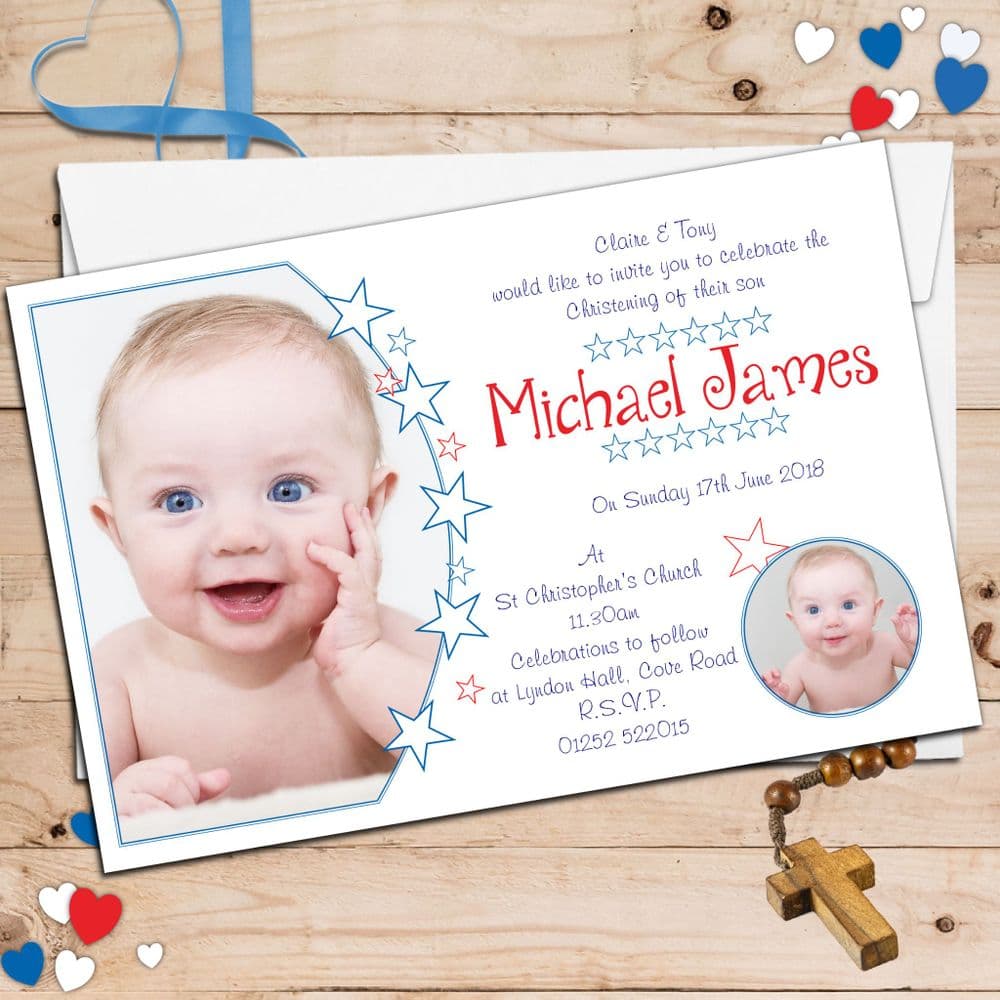 10 Personalised Boys Christening Baptism PHOTO Invitations N101