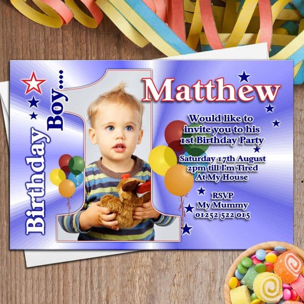 10 Personalised Boys First 1st Birthday Party PHOTO Invitations N22