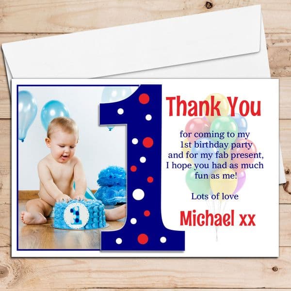 10 Personalised Boys First 1st Birthday Thank you PHOTO Cards N191