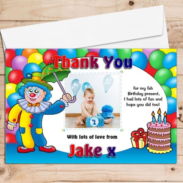 10 Personalised Boys Girls Clown & Balloons Birthday Party Thank you Photo cards N3