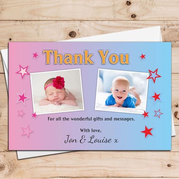 10 Personalised Boys Girls Twins Joint Christening Baptism Birthday Thank You PHOTO Cards N19