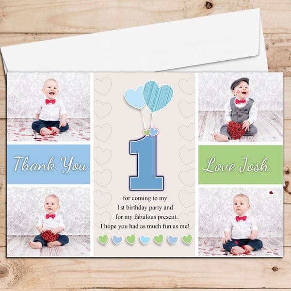10 Personalised Boys Heart Balloons Birthday Thank you PHOTO Cards N249