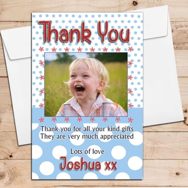 10 Personalised Boys Polka Dot Birthday Thank you PHOTO Cards N58