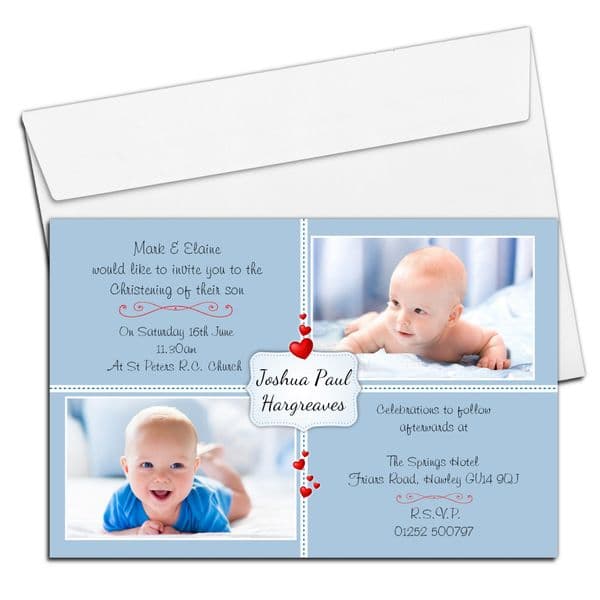 10 Personalised Boys Red Hearts Christening Baptism Invitations PHOTO Invites N114