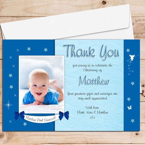10 Personalised Boys Star Glow Christening / Baptism Thank you PHOTO Cards N196