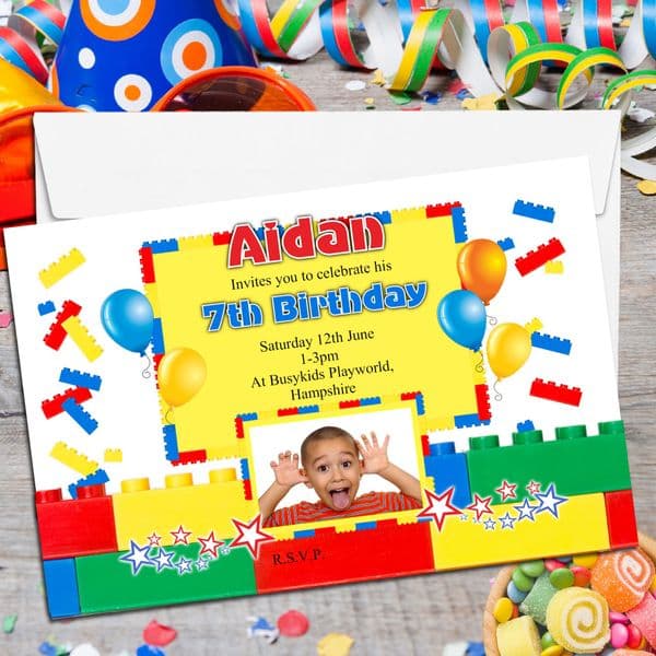 10 Personalised Brick Style Birthday Party PHOTO Invitations N126