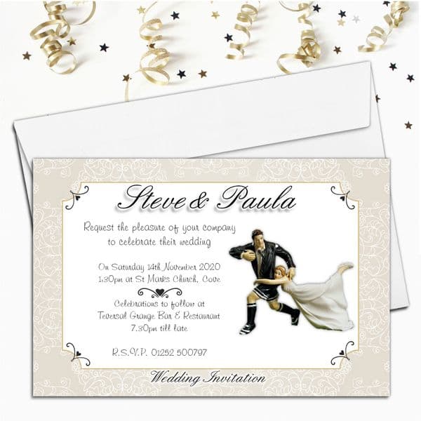 10 Personalised Bride Rugby Tackle Wedding Invitations ~ Day / Evening N48