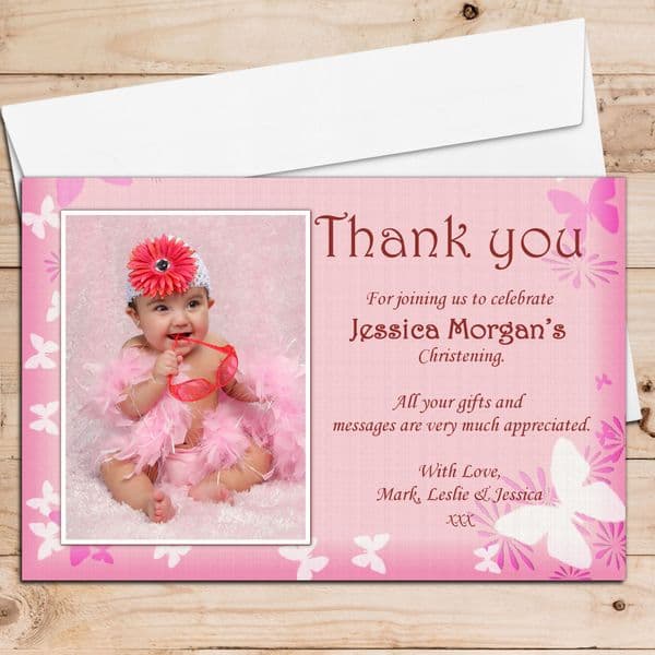 10 Personalised Butterfly Christening Birthday Thank you PHOTO Cards N67