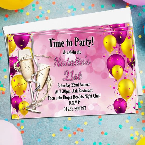 10 Personalised Champagne Balloons Birthday Party Invitations N181