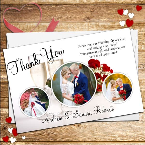 10 Personalised Champagne & Flowers Wedding Day Thank you Photo Cards N51